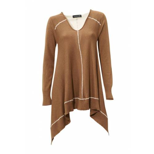 Patrizia Dini asymetryczny sweter damski, połączenie kolorów camel oraz ecru fason