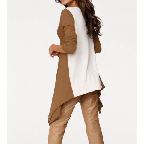 Patrizia Dini asymetryczny sweter damski, połączenie kolorów camel oraz ecru tył